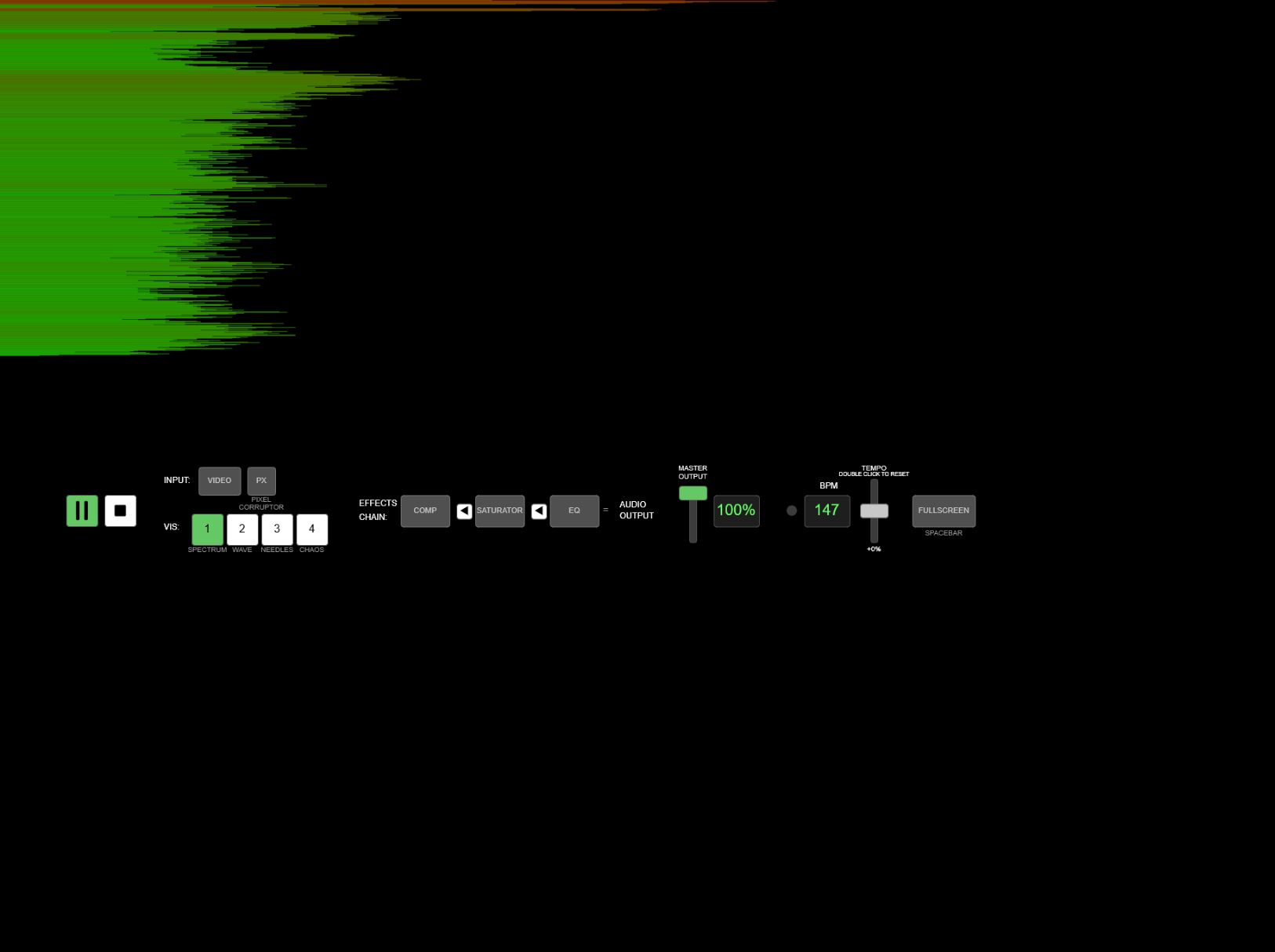 The Web Audio visualiser showing a green FFT spectrum and its effects controls